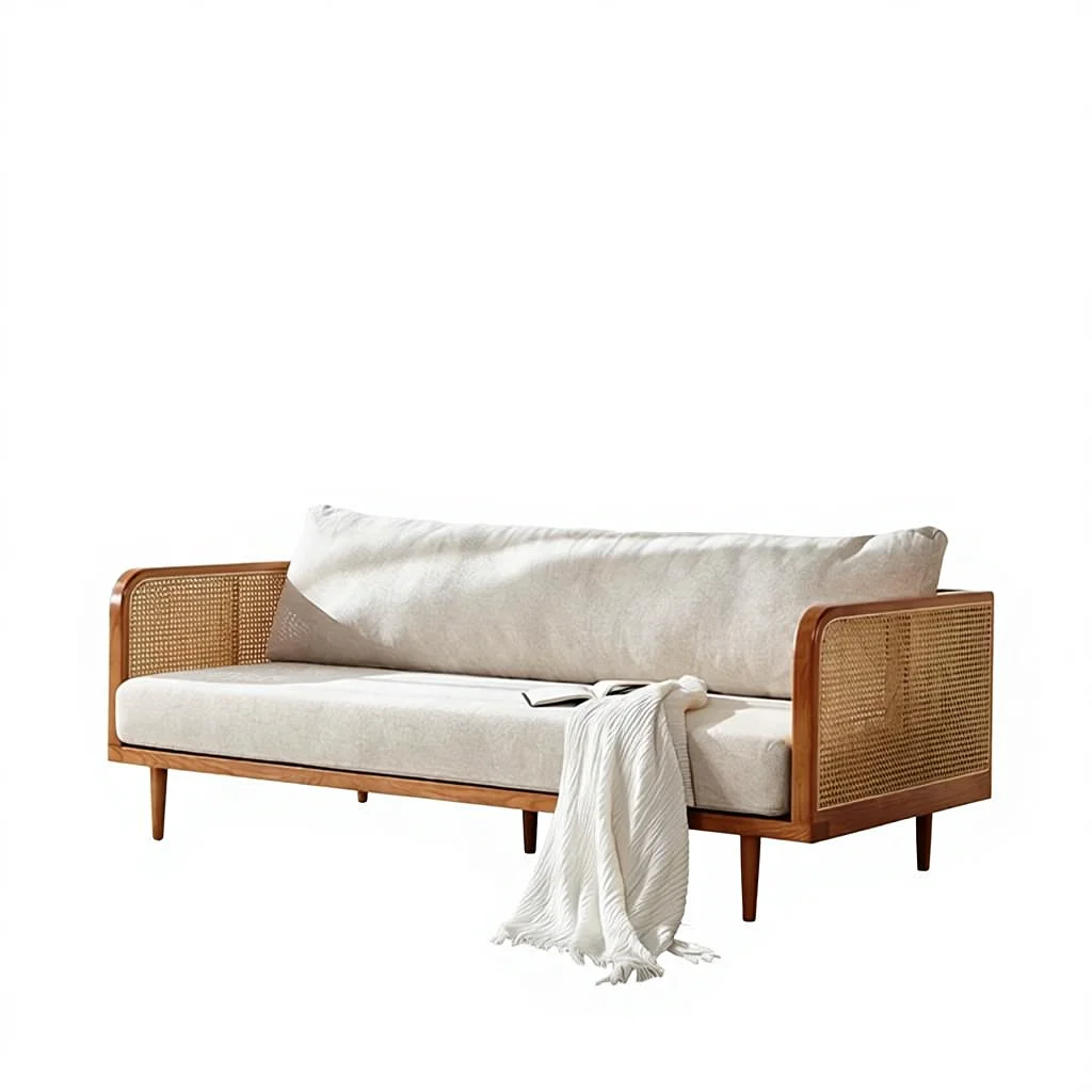 

&c Modern European Style One-Seater Chesterfield Sofa Rattan Cane Bamboo Rectangle for Hotel Restaurant or Villa Living Room