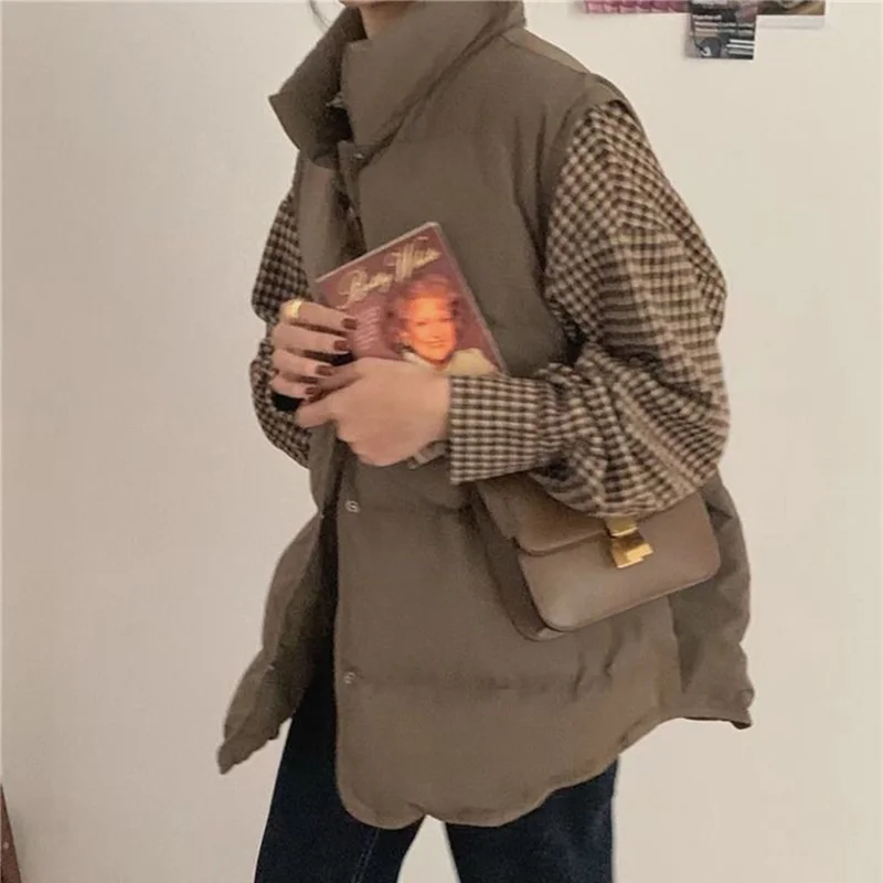 Single Breasted Cotton Vest Women Loose Sleeveless Cotton Jackets Woman Autumn Winter Stand Collar Warm Vest Outwear Mujer