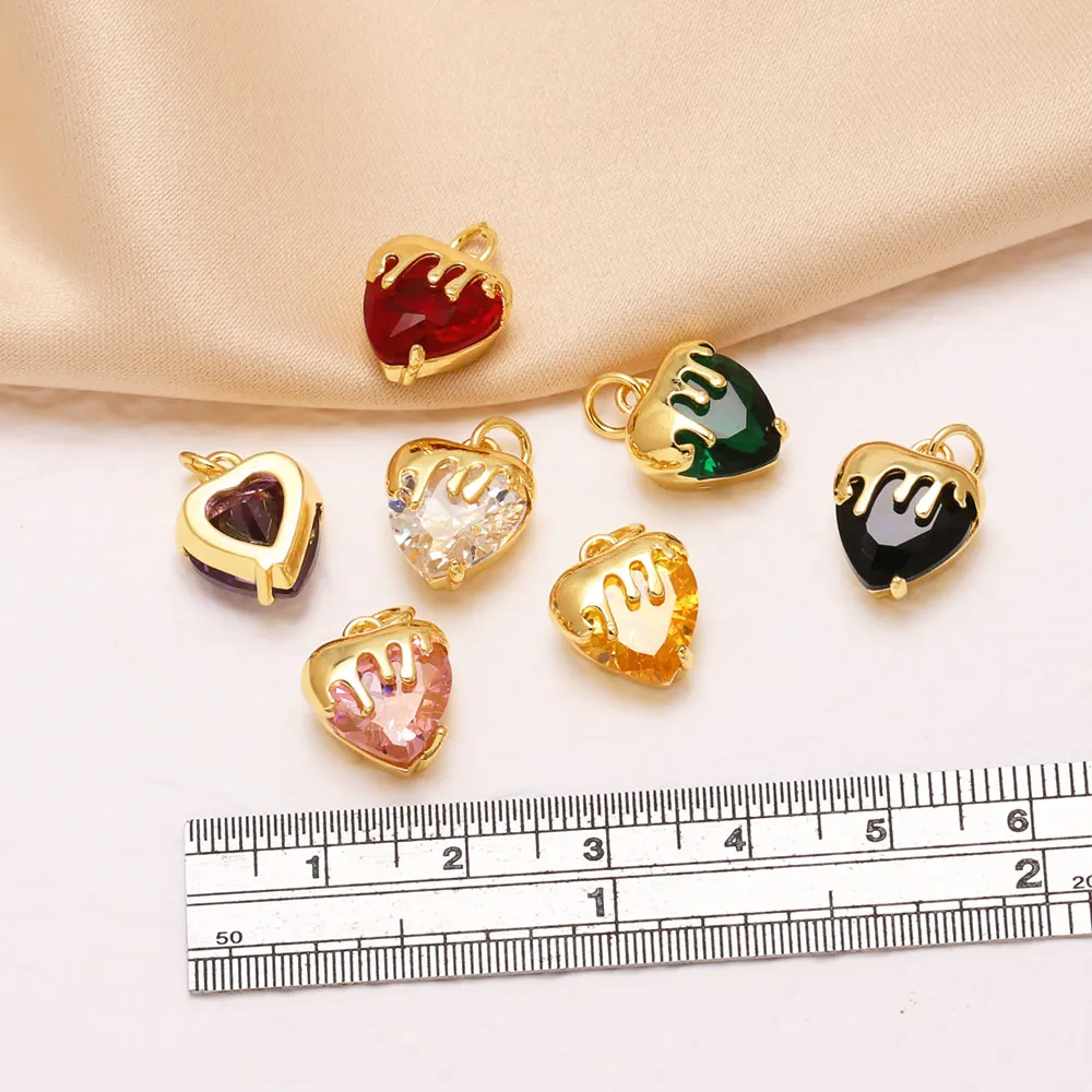 OCESRIO Gold Plated Copper Liquid Melting Heart Pendant Colorful Cubic Zirconia Drip Charms for Necklace Jewelry Making chma604