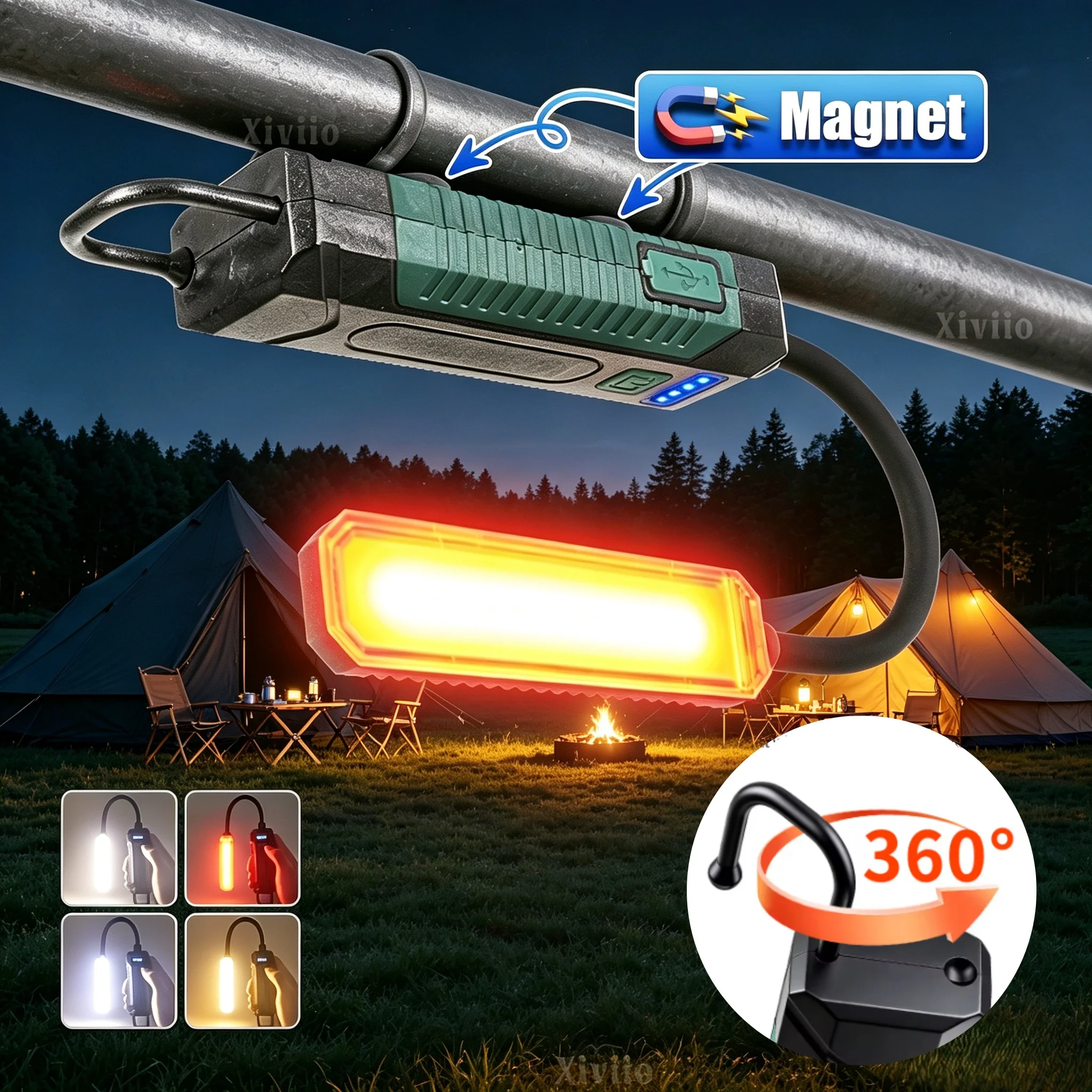 Magnetic LED Work Light 360° Flexible Gooseneck Rechargeable Camping Lamp Hook Design Portable Emergency Light For Car Repair