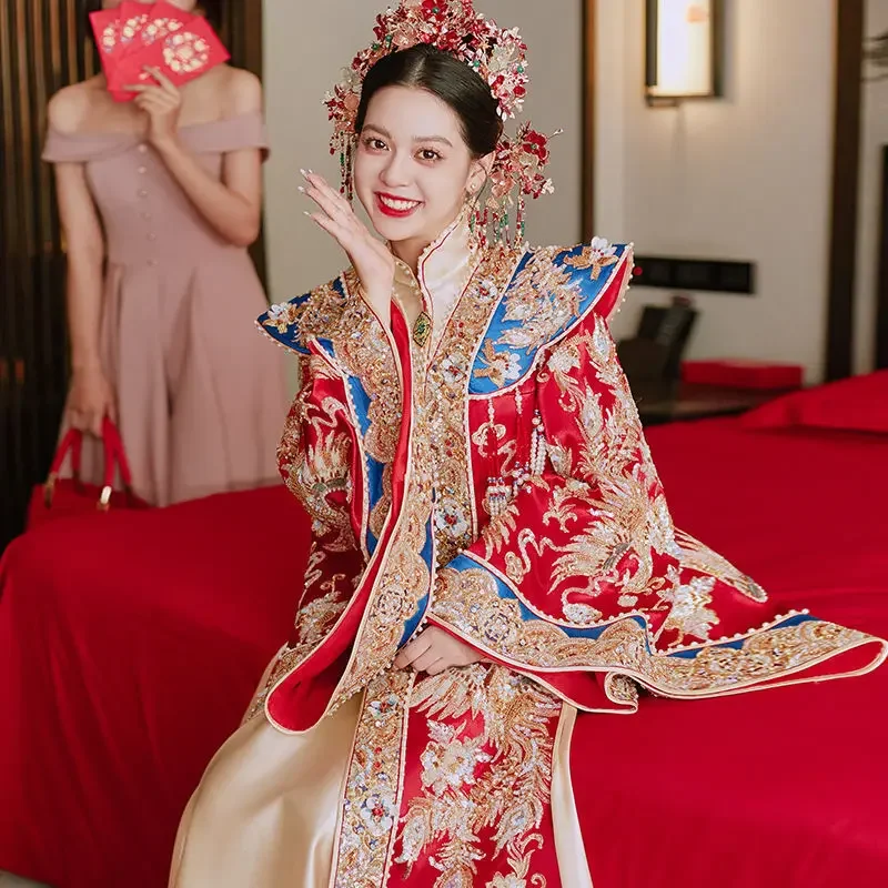 الراقية سلالة مينغ Hanfu Xiuhe فستان الزفاف فستان الزفاف الصيني الجديد المطرزة تاج فينيكس وعرض Xiapi