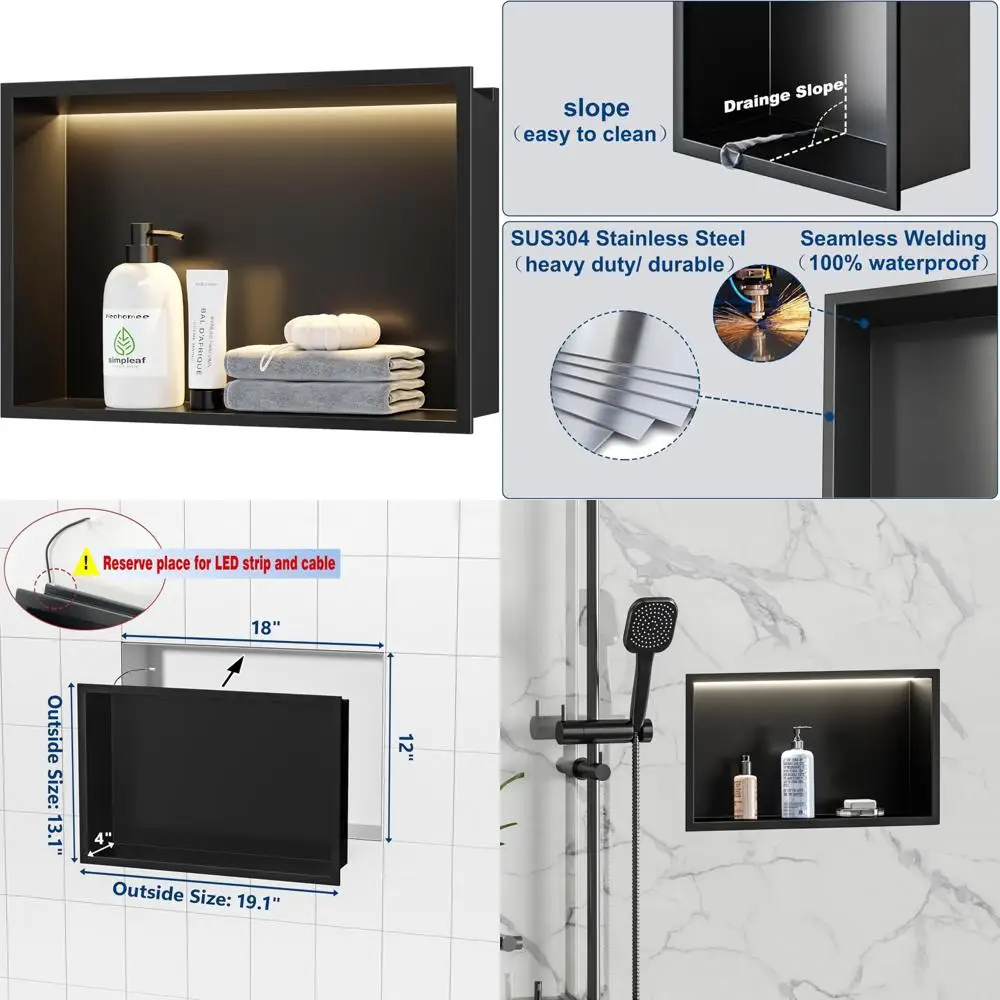 

Matte Black 18x12 Stainless Steel Shower Wall Niche with 3000K LED Light and Waterproof Design, No Tiles Required