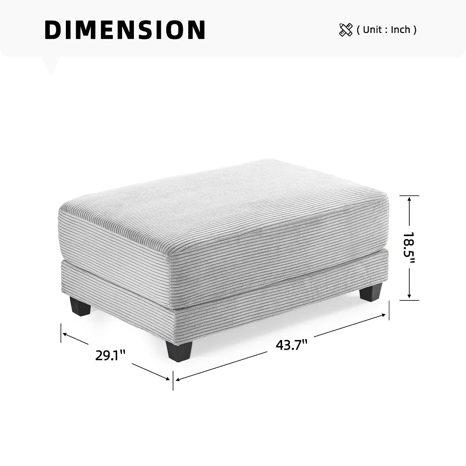 Corduroy Ottoman Sectional Sofa, Modular Footrest Wooden Legs, 43.7x29.1x18.5 Inch, Convertible Living Room, Customized