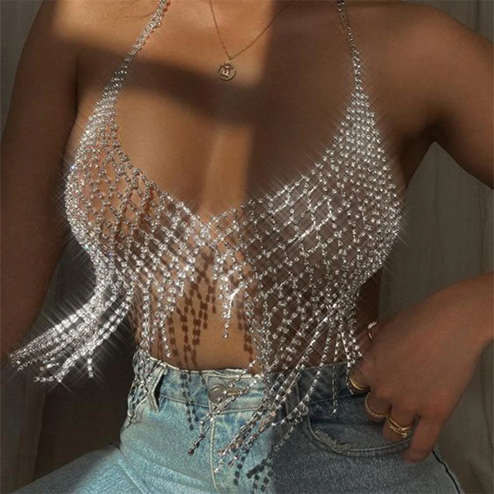 

Woman Mesh Rhinestone Tassel Bra Sexy Body Chain Bikini Cover Accessories Festival Clothing Crystal Lingerie Jewelry Top