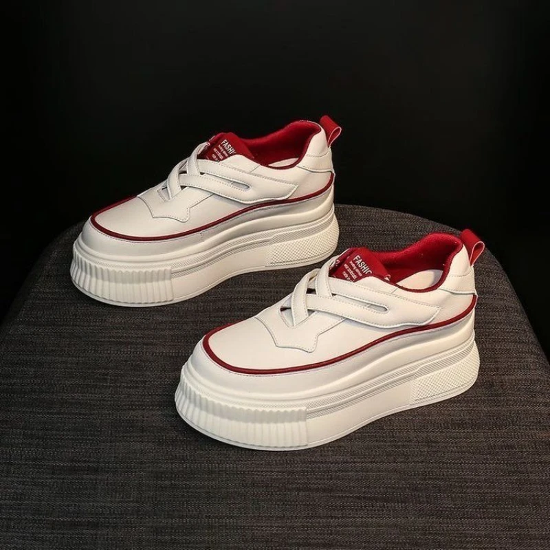 

Women's White Sneakers Hidden Height Increase Non Slip Wear Resistant Korean Style Platform Sole Casual Board Shoes Velcro Strap
