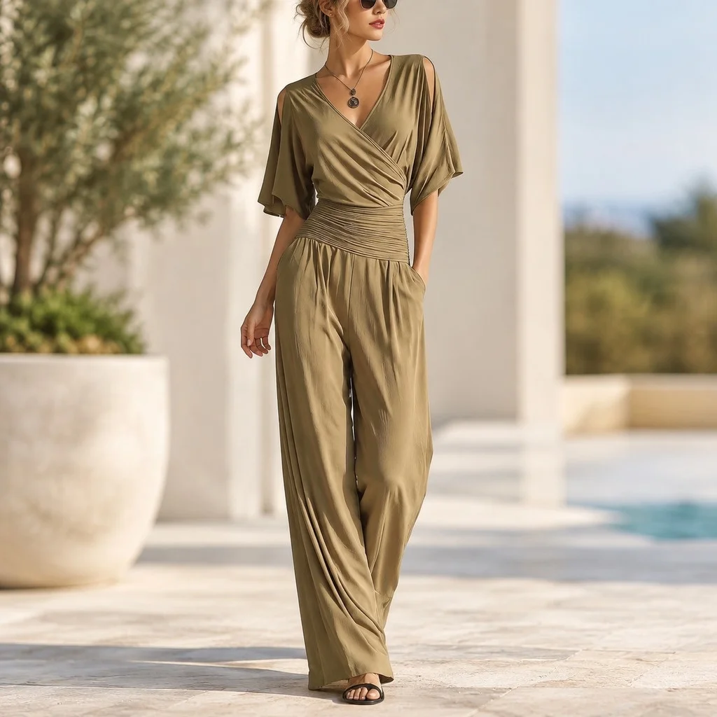 Casual Seaming Mid Rise Waist Pants with One Jumpsuit Relaxed Fit Slight Stretch Fresh Sweet Summer Set in Sleeve Women Jumpsuit