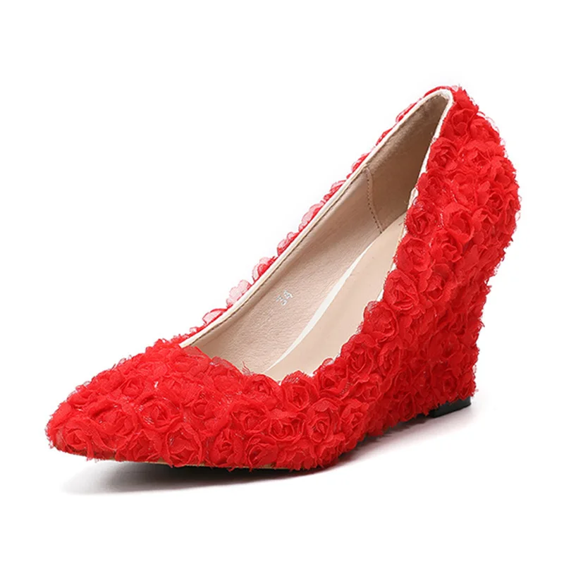 

2021 Fashion New Lace High Wedding Red Slope Heels Rose Blossoms Banquet Bridesmaids Women's Shoes