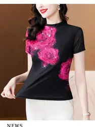 Women's Mesh T-shirt Flowers Print T Shirt Top Lady Clothing Summer Short Sleeve Tees O-neck Fashion Female T-shirt