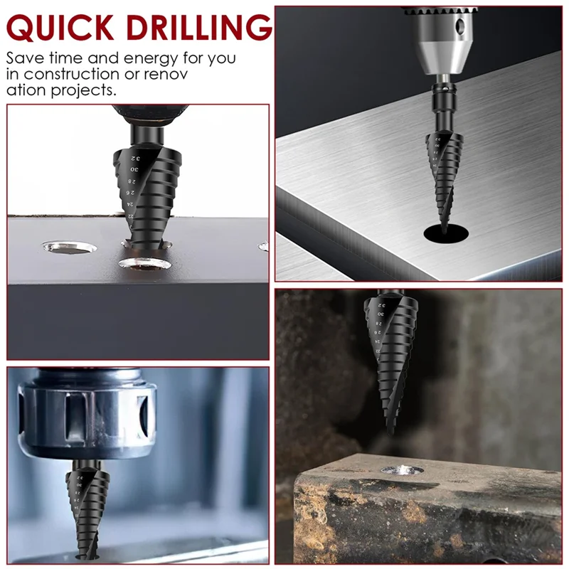 

THIVN-3Pcs Step Drill Bit Set, Grooved Step Drill Bit 4-32Mm Cone Cutting Spiral Flute