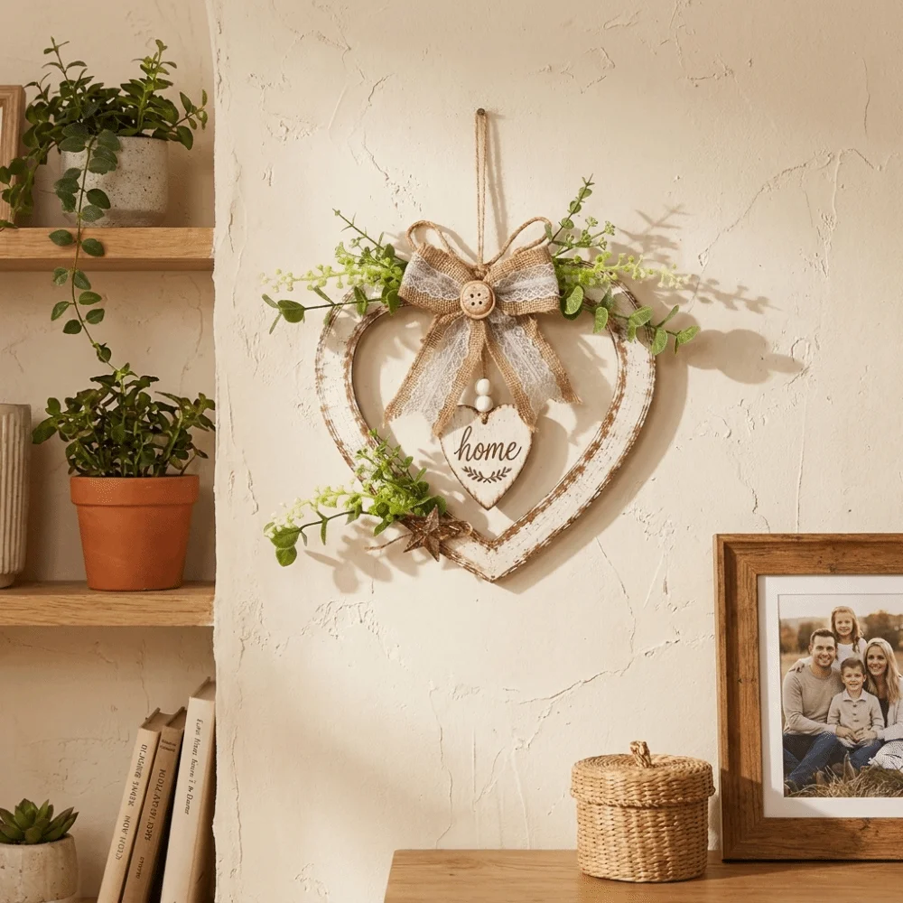 Creative Vintage Heart Shaped Wall Decor Rustic Artificial Plant Wall Hanging Sign Romantic Bow Knot Heart Wall Decor Farmhouse