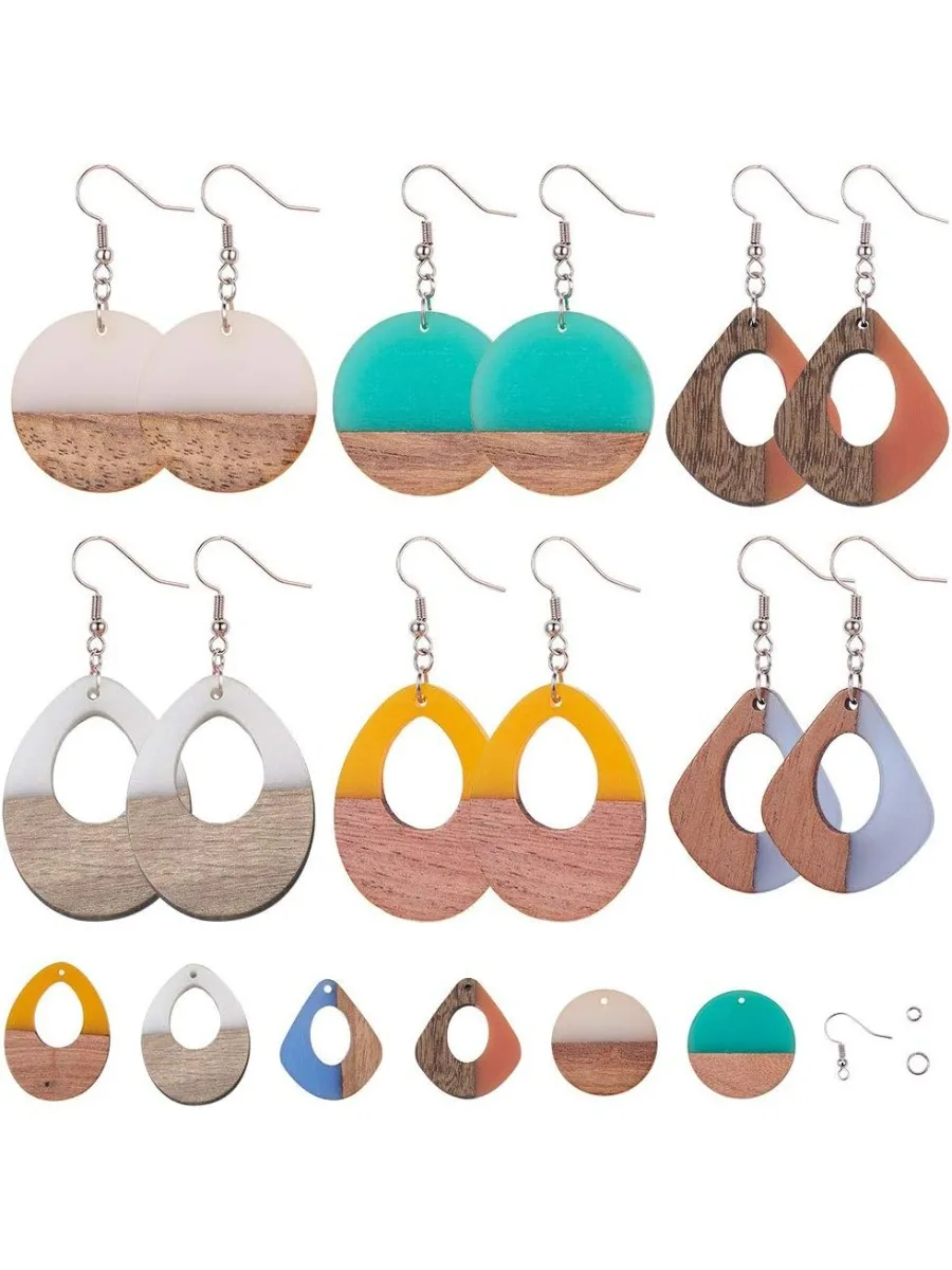 1 Bag 64Pcs 6 Colors Resin Wood Dangle Drop Earring Making Starter Kit Lightweight Round Drop Resin Wooden Pendant Charms