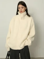 Deeptown Streetwear Oversized Cardigan Women Beige Harajuku Style Turtleneck Sweaters Mujer Solid Colo Long Sleeve Knitted Tops