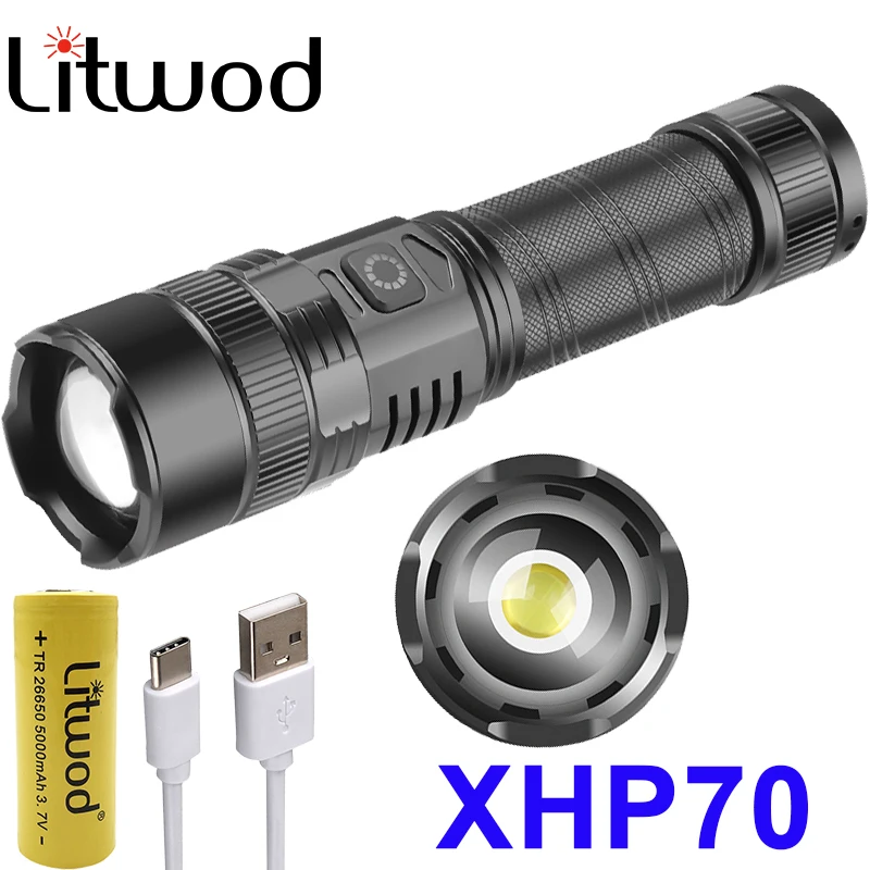 

8334 XHP70 LED Tactical Flashlight Lamp Torch Bulb HIking Camping Aluminum Alloy Lantern USB Rechargeable Battery Zoomable Light