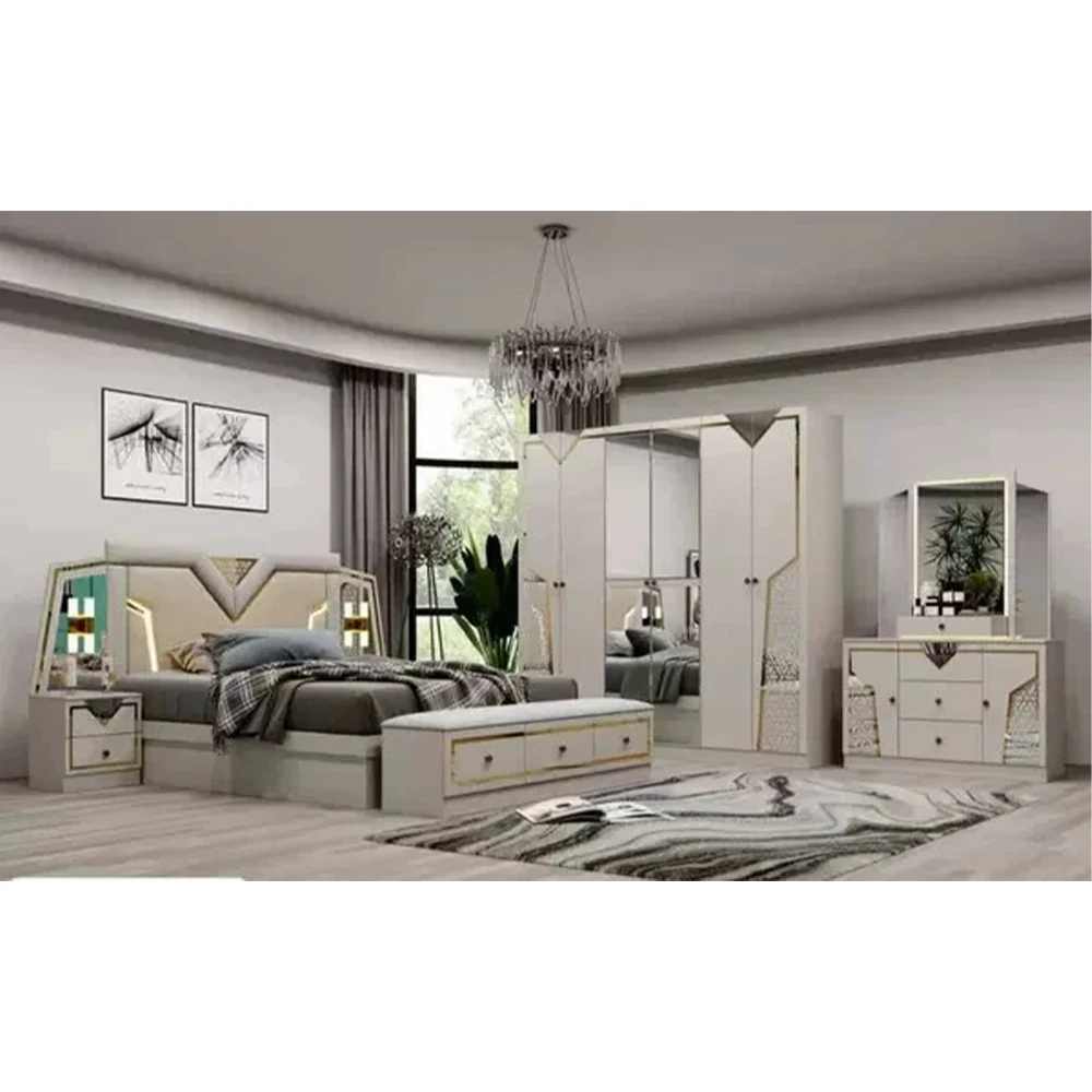 MANBAS Luxury Turkish style Bedroom Set – Double Bed with Latex Mattress, Nightstands,Wardrobe with Mirrored Door,Dresser,Mirror