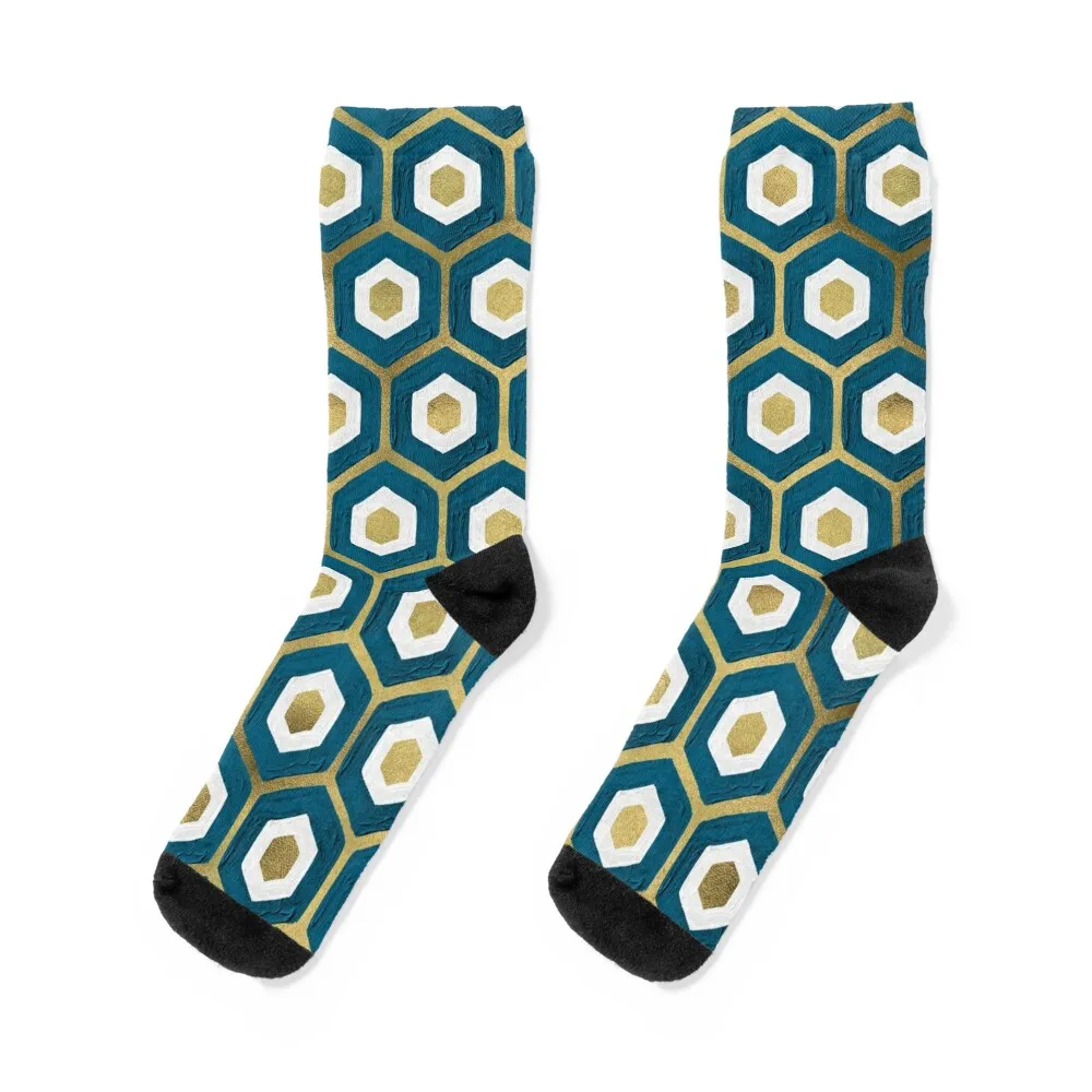 

Hexagon Honeycomb Pattern – Teal & Gold Socks fashionable anti-slip luxury golf Men Socks Women's