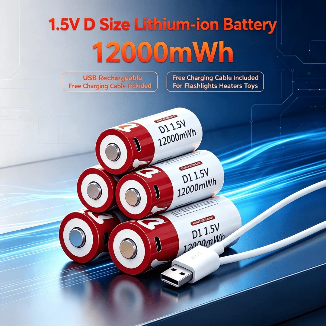 12000mWh 1.5V D Size Lithium-ion Battery USB Rechargeable for Flashlights Water Heaters Toys Includes Free Charging Cable