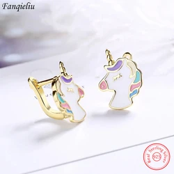 Fanqieliu Gold Color 925 Sterling Silver Cute Unicorn Hoop Earrings For Women Vintage Jewelry New FQL20509