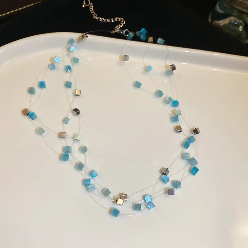 Blue Cat's Eye Stone Necklaces for Women Multi-layer Stackable Chokers Necklace Mori Style Sweet Collarbone Chain Jewelry K