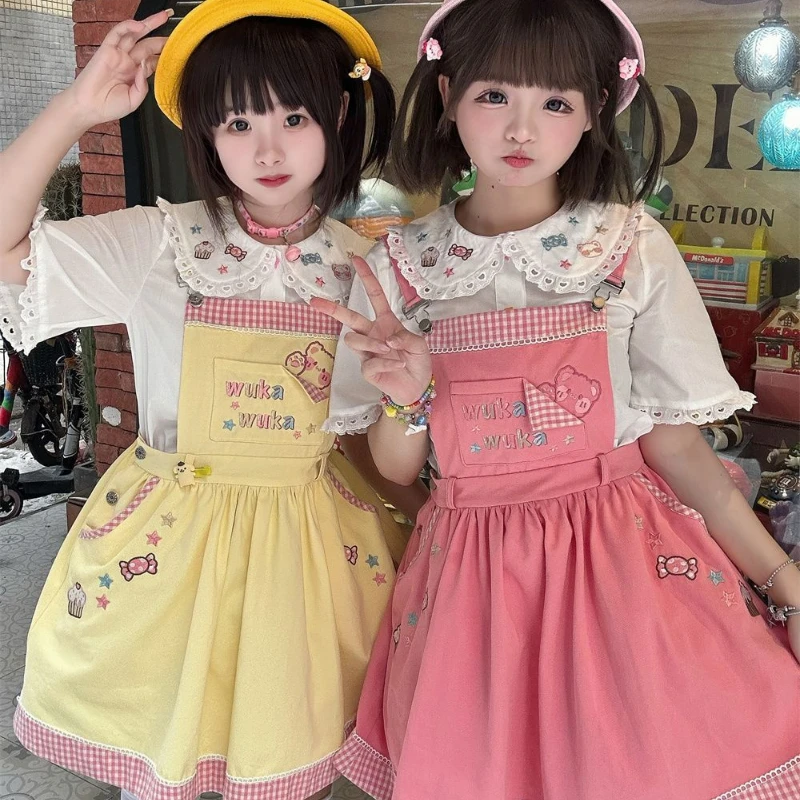 Kawaii Cute Lolita Jsk Dress Women Cute Cartoon Bear Candy Embroidery Strap Dresses Japanese Sweet Princess Party Mini Dresses