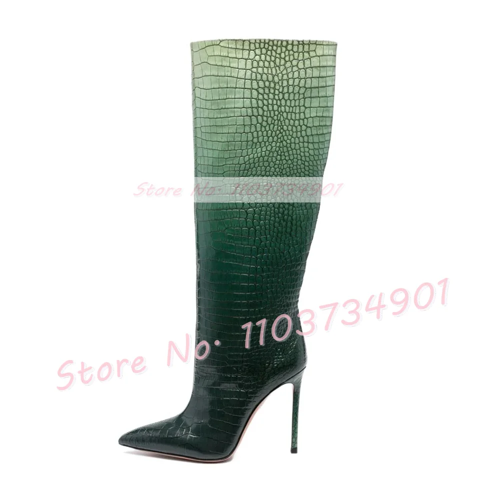 Ombre Crocodile Pointy Knee High Boots Women Trendy Slip On Stiletto High Heels Shoes Slim Sexy Mixed Colors Big Size Chic Boots