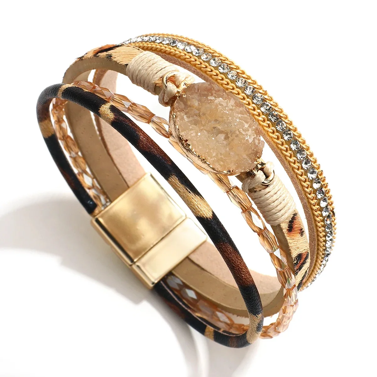 Amorcome Boho Hars Steen Charme Lederen Armbanden Voor Vrouwen Strass Luipaard Print Wrap Armband Meerlagige Pols Sieraden Cadeau