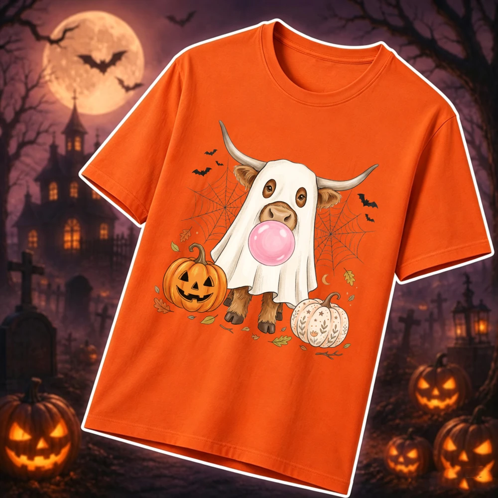 Ghost Highland Cow Shirt Women Cotton Halloween Cute Cow Bubblegum Pumpkin Graphic Tee Vintage Spooky Fall Season Fashion  Tops