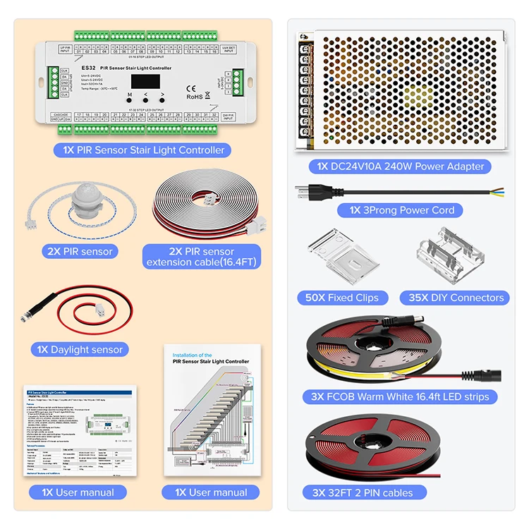 Novos produtos de tendência fcob dimmer de cor única luz de escada interna sensor pir kit de escada conjunto de tira led para escadas