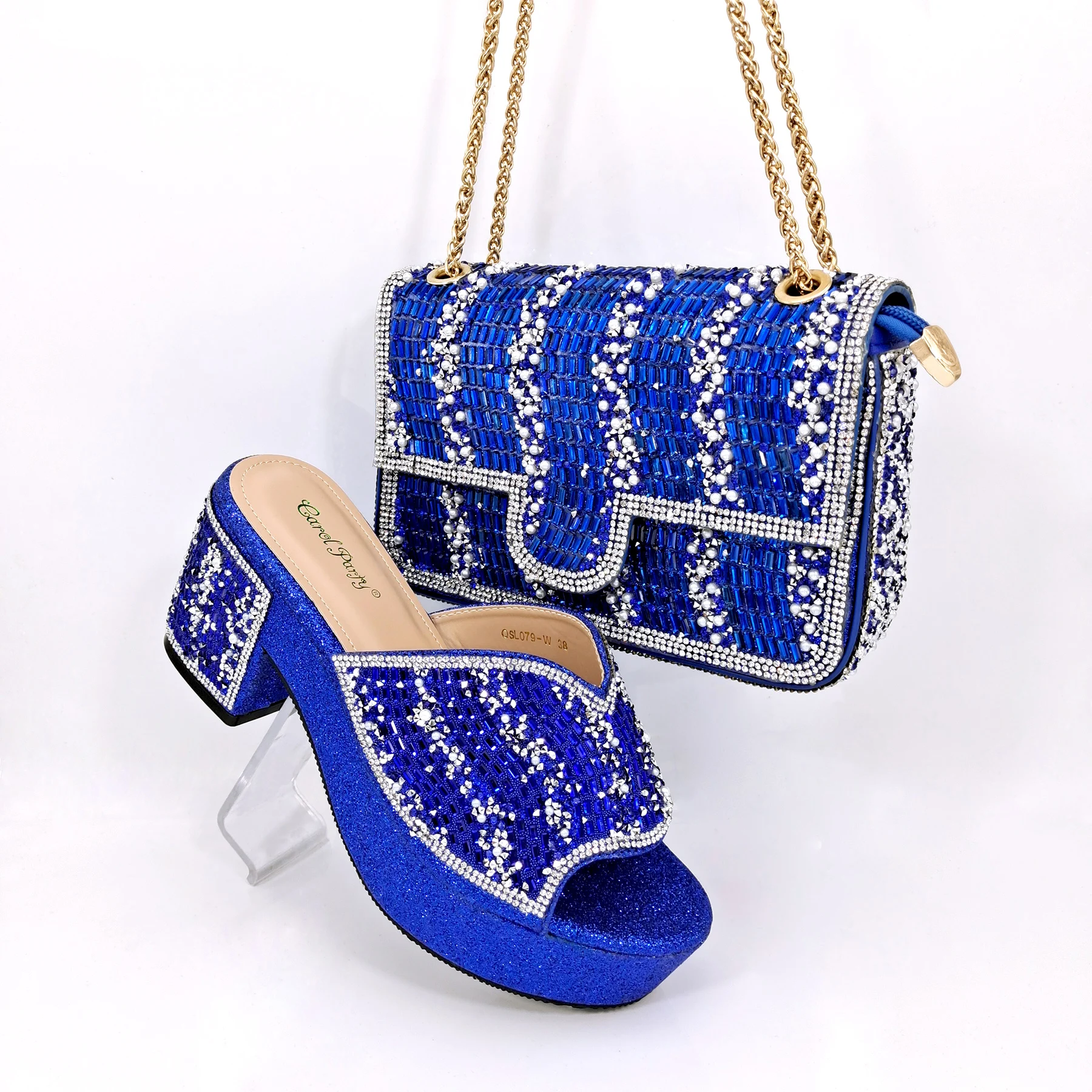 

Carol Party Italian Design Brand Royal Blue Rhinestone-Set High Heels Nigerian African Women's Gorgeous High Heels And Bag Set