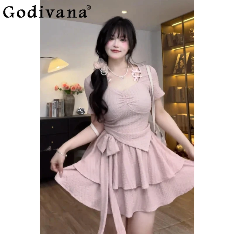 

Japanese Sweet Halter Short Sleeve Cute Bow Irregular Top Girl Summer New High Waist A-line Princess Cake Skirt Two-piece Sets