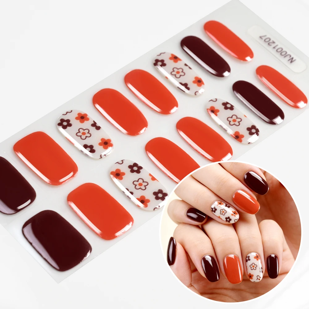 16tips Mini Flower Semi-Cured UV Gel Nail Strips Winter Autumn Dark Red Gel Full Nail Wraps Self Adhesive Nail Polish Stickers @