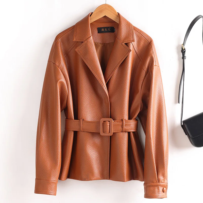 Spring Autumn Women Leather Jacket New Solid Color Belt Slim Ladies Leather Coat Female Casual Tops Outerwear Overcoat Clothing