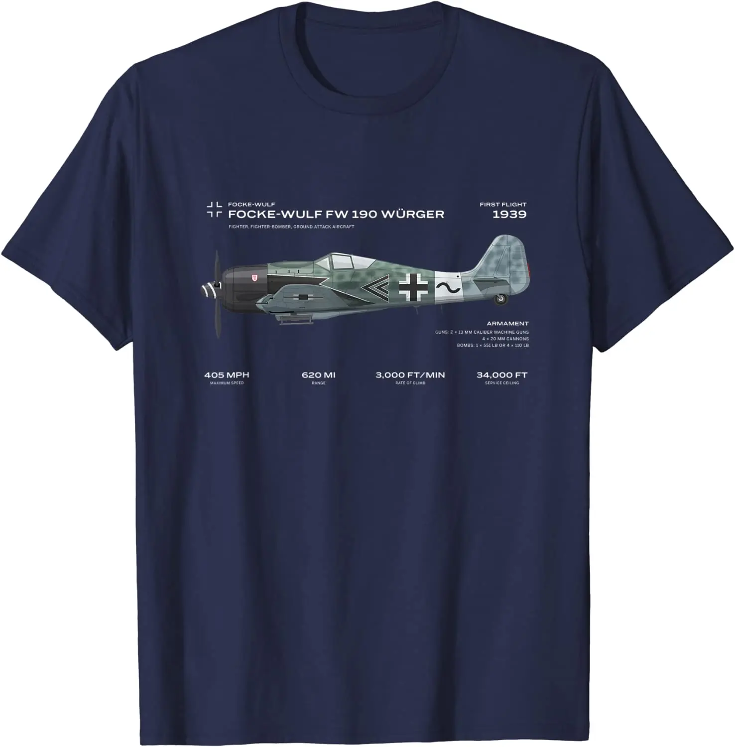 Luftwaffe War Bird WWII German Focke Wulf Fw 190 Fighter Aircraft Camiseta de manga corta informal 100% algodón con cuello redondo para hombre