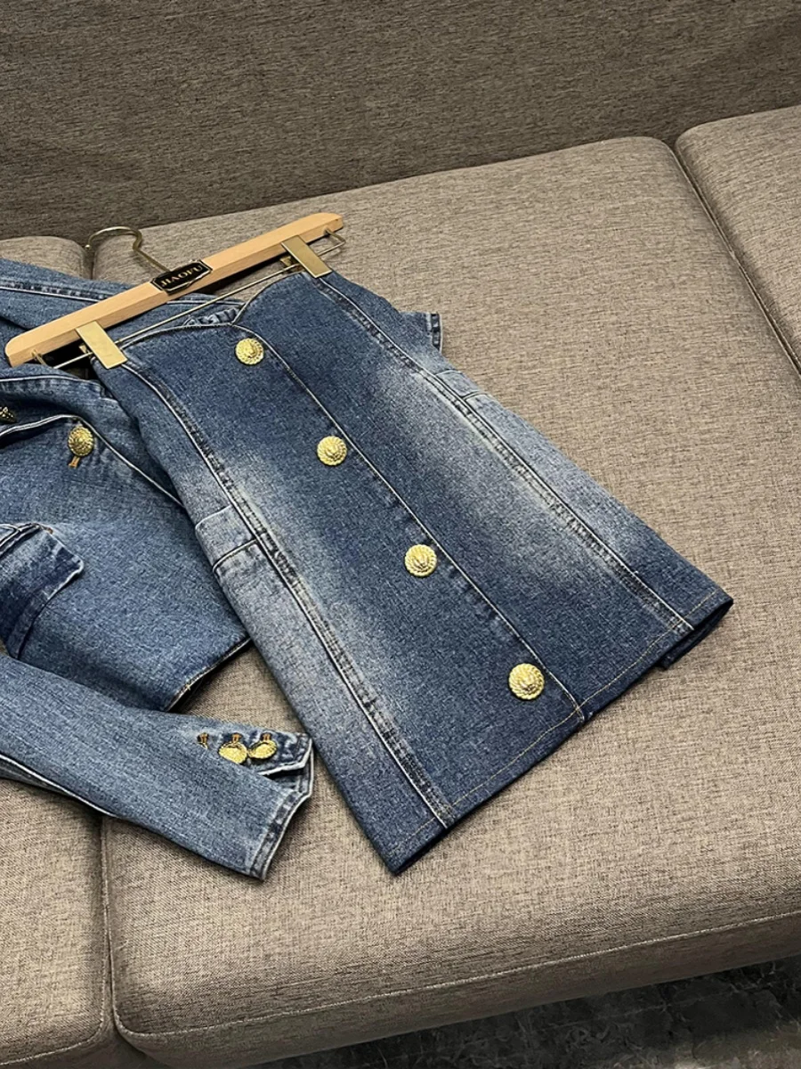 

Звезды и дамы Sli Slim Fit двубортный джинсовый костюм с талией куртка A22527HB Commute Sle Long Sve Color