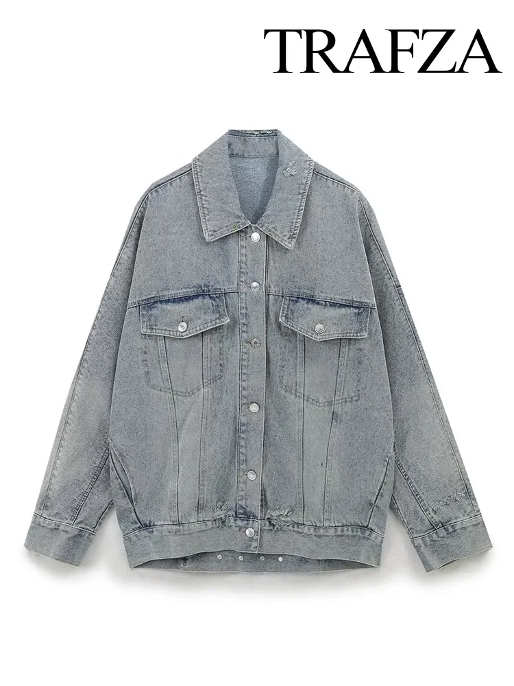 TRAFZA Autumn Women Loose Long Sleeve Solid Pockets Denim Jacket Female Turn-down Collar Single Breasted High Street Jacket