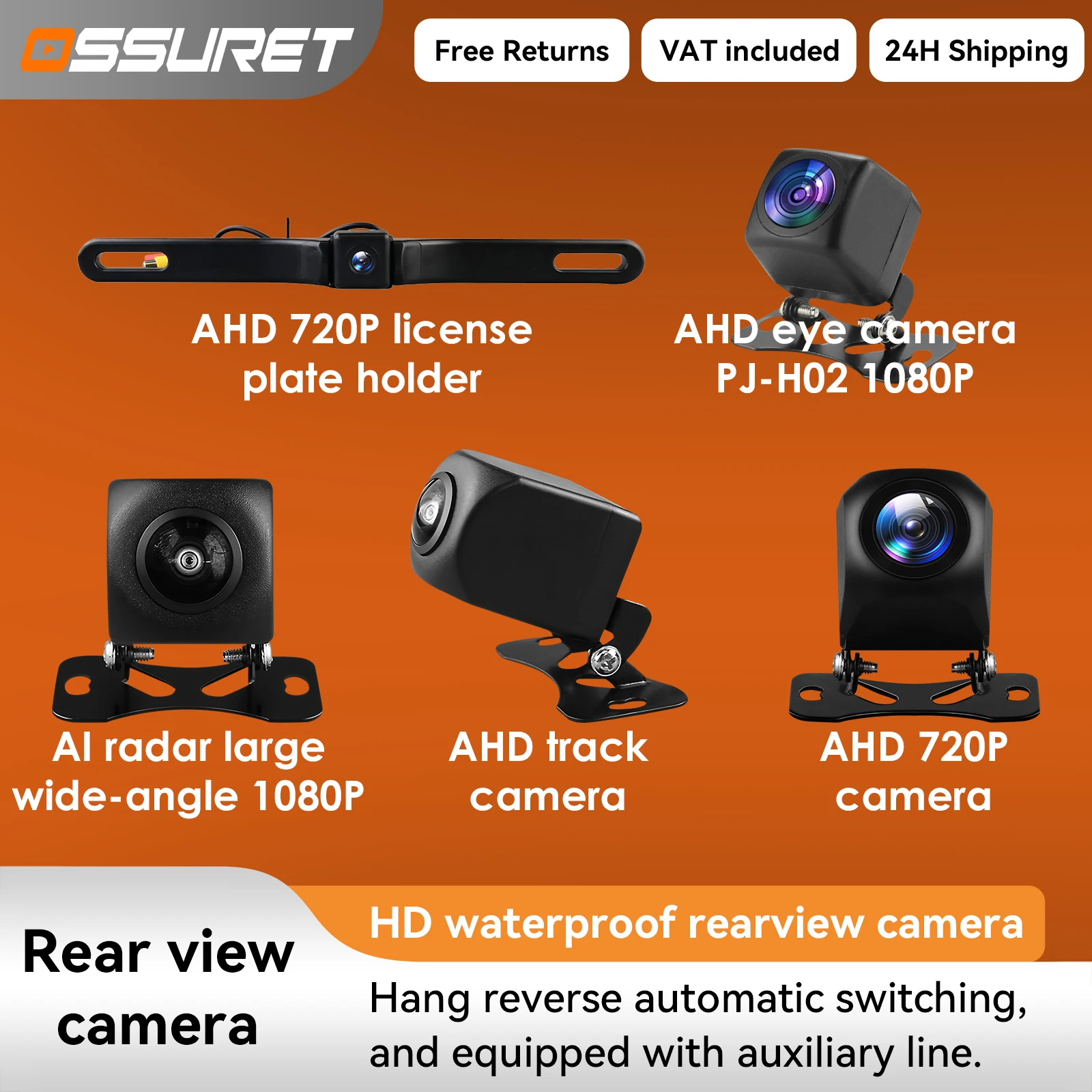 OSSURETTO 140 °   720P 150 ° Telecamera AHD 1080P Assistenza all'imballaggio Visione notturna Parcheggio automatico Telecamera per retromarcia Staffa regolabile Universale