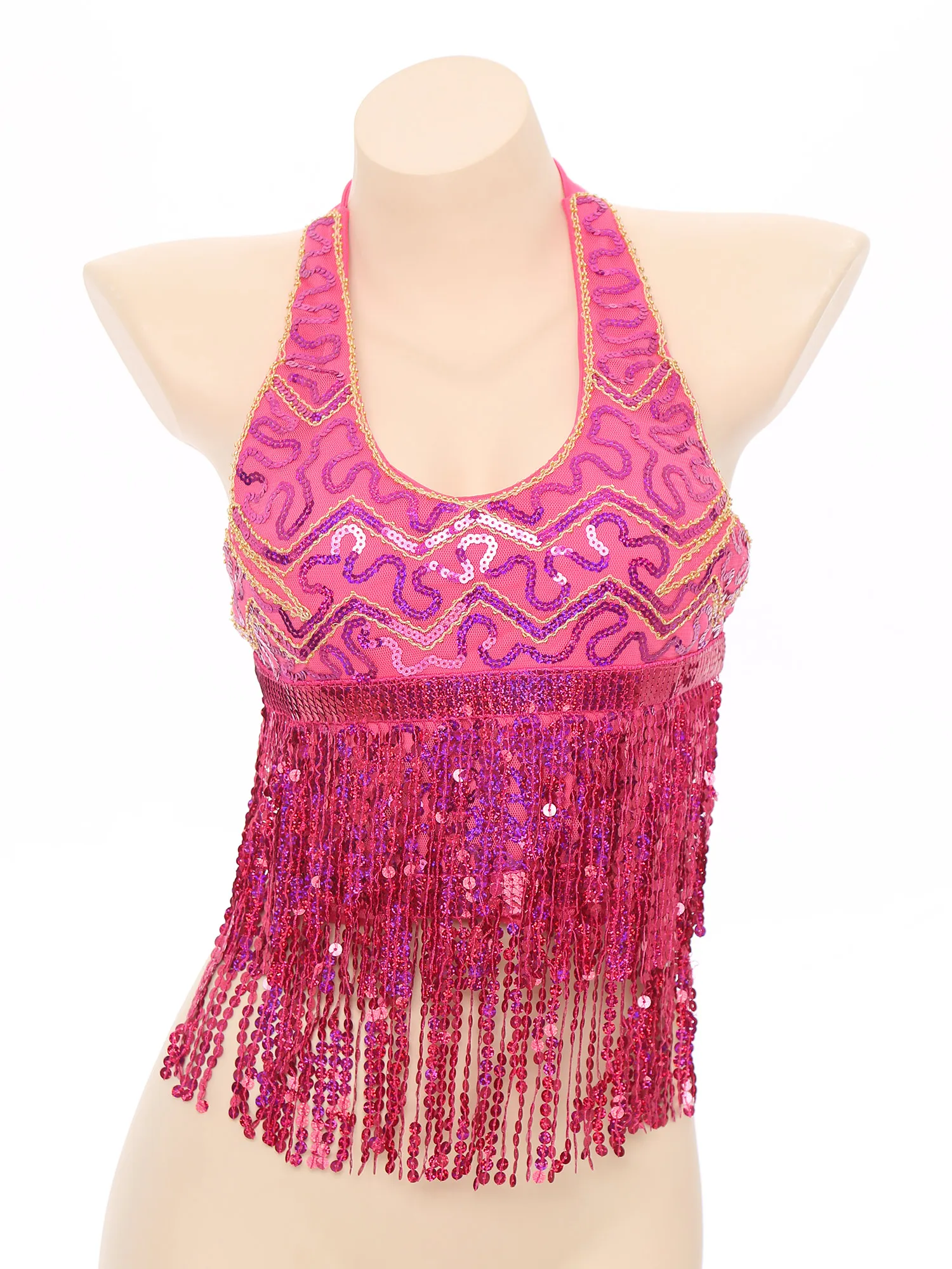 

Women Sparkling Belly Dance Top Sleeveless Sequins Backless Tassel Crop Top for Belly Practicing Stage Performance Crop Tops