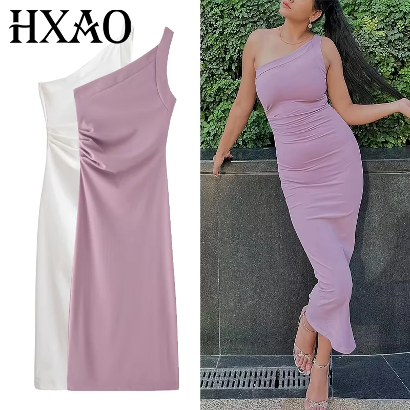 HXAO Asymmetrische Midi-Kleider für Damen, passend für breite Träger, gerüschtes Sommerkleid, 2025, elegante Damenkleider, ärmellos, lässige Damenkleider