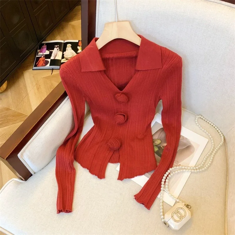 قميص قاعدة محبوك أنيق رغبة نقية أوائل الخريف النمط الفرنسي سليم صالح بولو طوق أعلى جودة TikTok Taobao المألوف #4