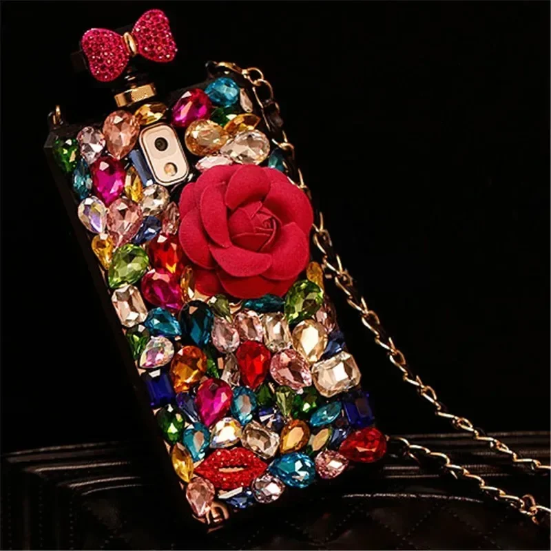 Luxury DIY Colorful Diamond Flower Perfume Bottle with Chain Lanyard Case for Iphone 14 15 13 12 16 Pro MAX XS Max XR X 16Plus