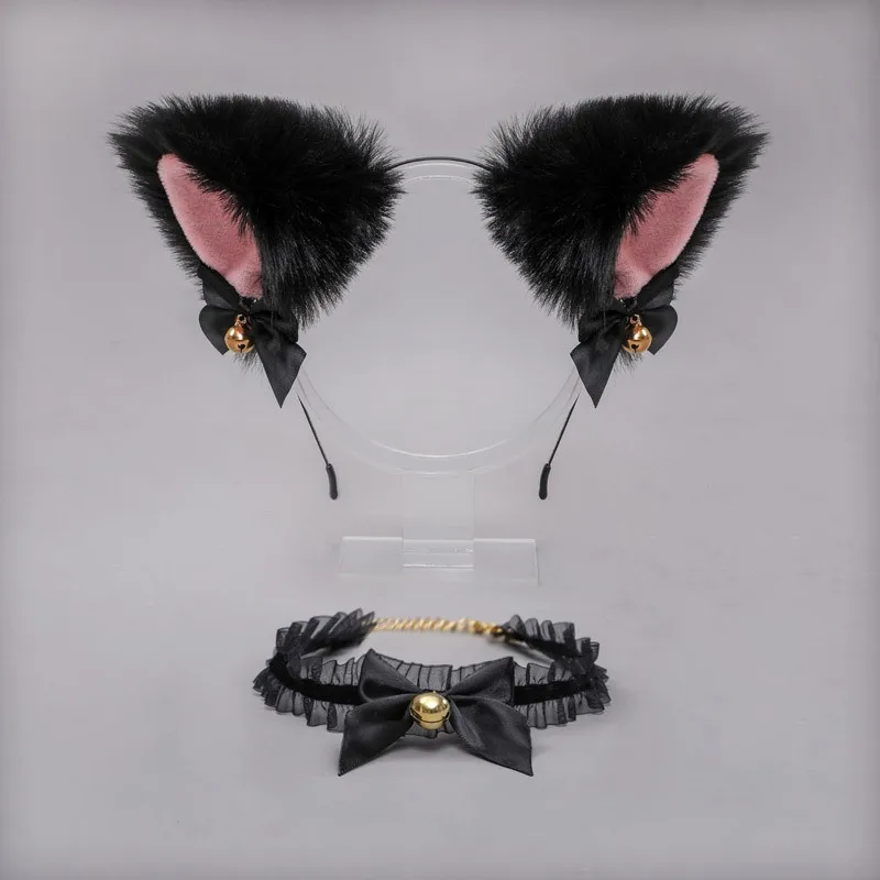 1Set Cat Ear Headband With Bells Chocker Necklace Plush Furry Cat Ears Hairband Women Girls Party Cosplay Headwear Fancy Dress