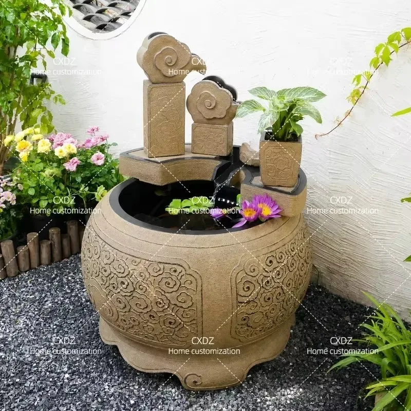 Garden Circular Fish Pond Flowing Water Ornament New Chinese Outdoor Circulating Water Fountain Rockery Waterscape Layout