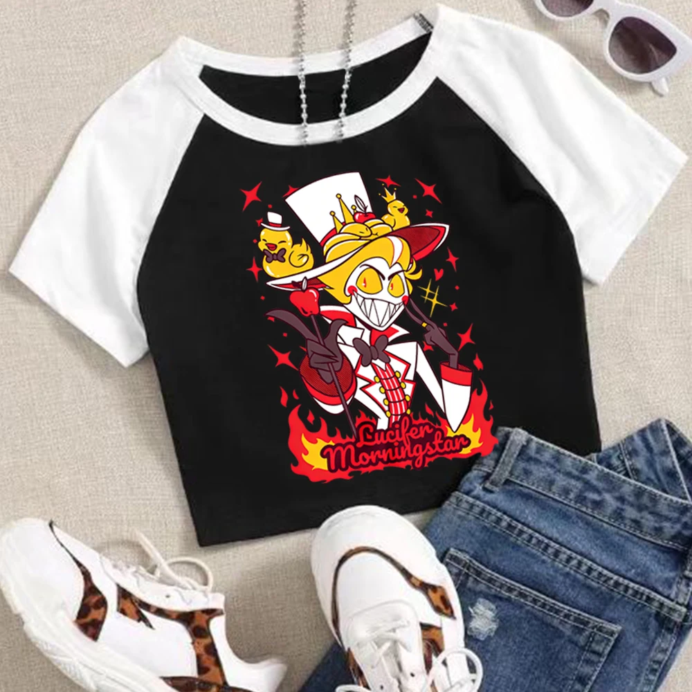

Hazbin Hotel Lucifer Graphic Design Crop Tops T-Shirt Girls Fashion Women O-Neck Short Sleeve