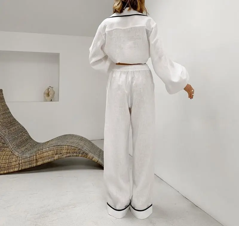 Casual Women's Home Pajama Set Autumn New Urban Cotton Hemp Contrast Collar Long Sleeve Wide Leg Pants Set Women's Matching Sets