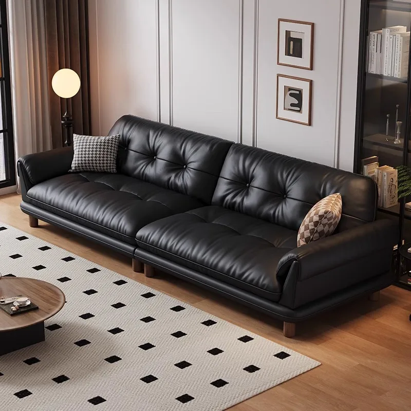 Straight row small apartment retro black solid wood layer cowhide sofa