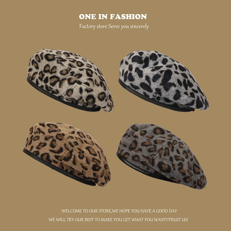 Leopard Print Spring Autumn Beret Korean Version All-Match Student Painter Hat Winter British Fashion Trendy Octagonal Cap