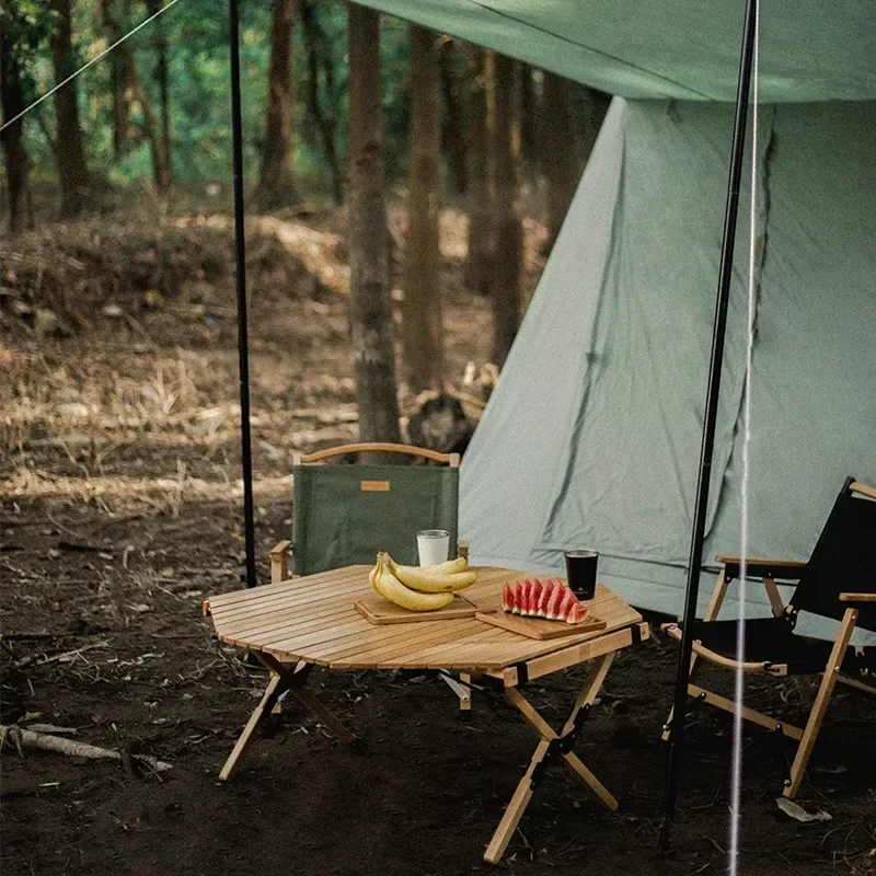 Outdoor Folding Roll Octagonal Table Ultralight Stable Solid Wood Portable Small Low Table for Picnic Camping BBQ Party Supplies