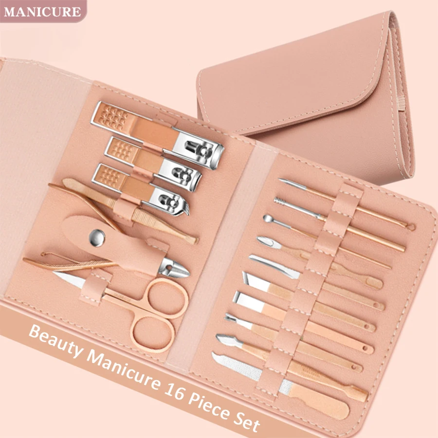 Pink Set Nail Cutter Set Stainless Steel Nail Clippers Set With Folding Bag Manicure Cutter Kits Scissors Makeup Beauty Tool
