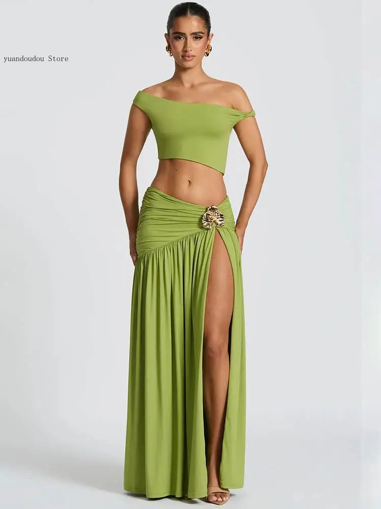 Elegant Dress Set Women Skew Collar Crop and Split Skirt Matching Set Backless Pleated Skirt Two Piece Set