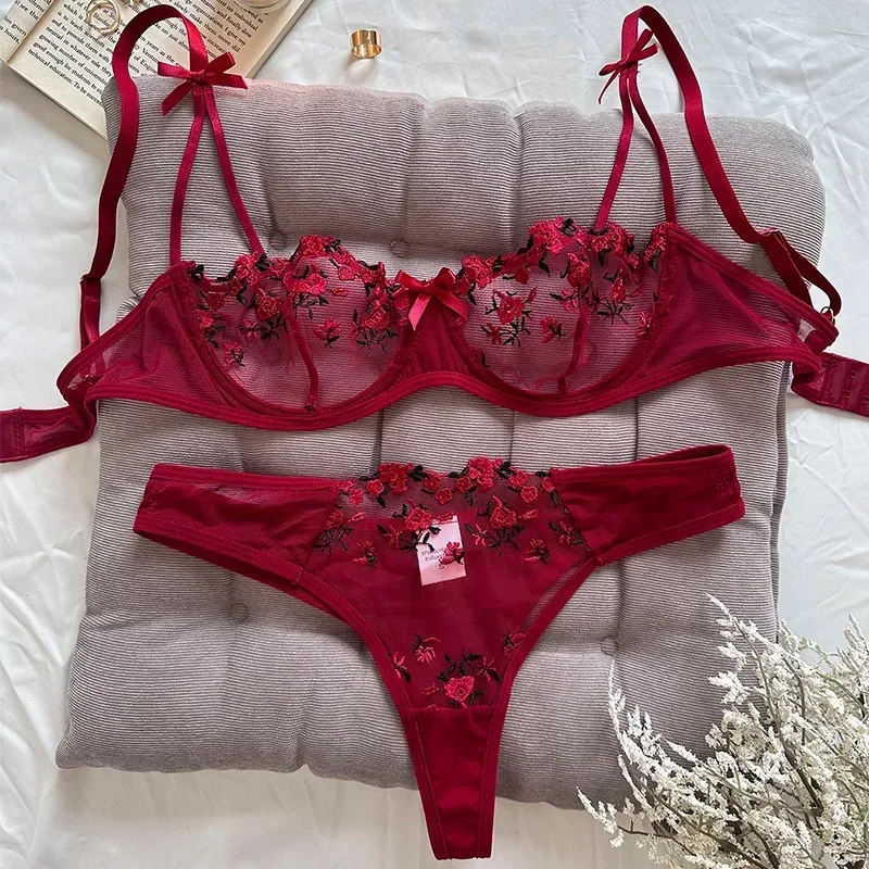 Lingerie untuk wanita pakaian dalam Set Lingerie Perancis seksi lukisan tinta bordir kupu-kupu Bra renda Set korset Mujer Lingerie Set