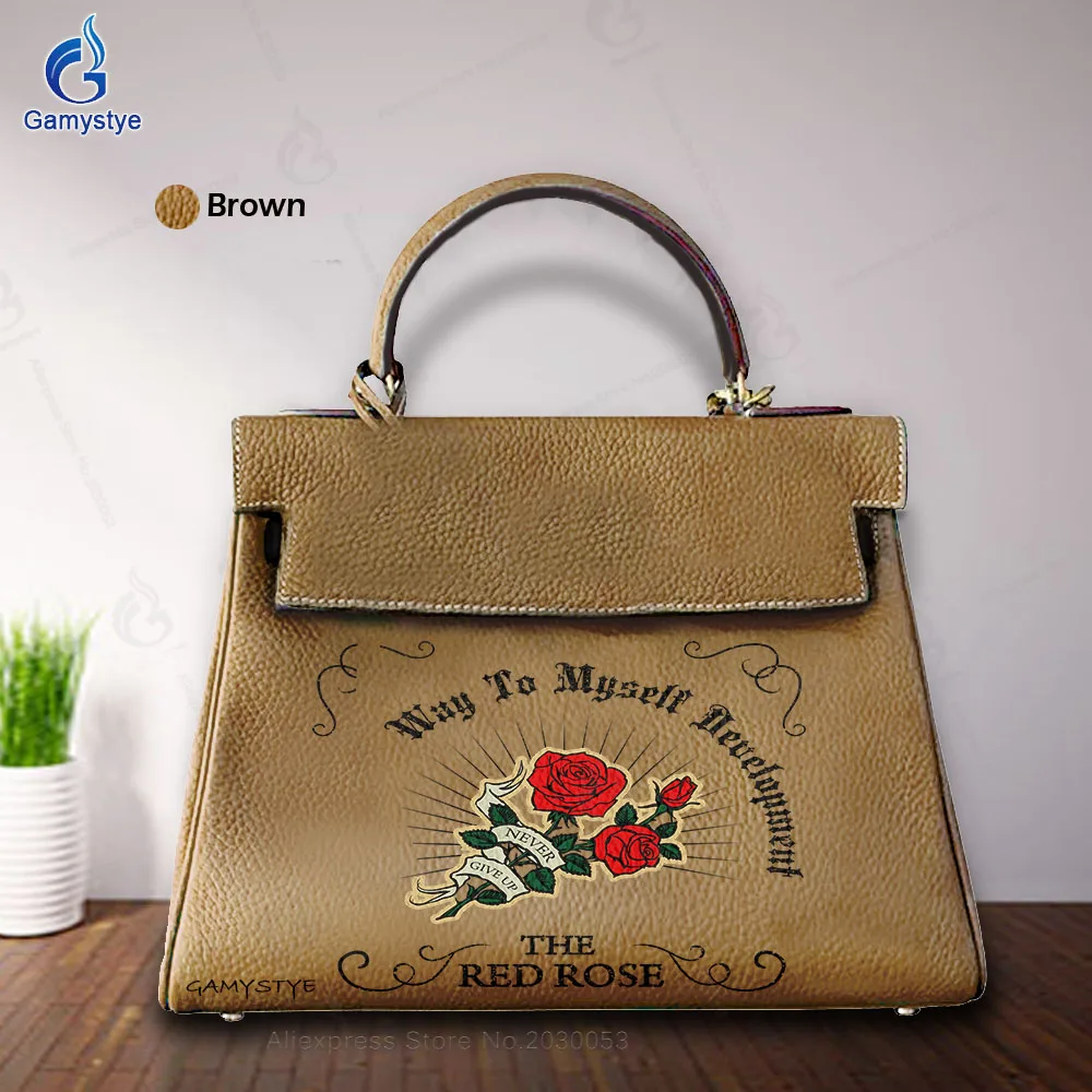 Personalizar bolso Art Printed Bright roses Bags Designer Totes Women purses and handbags 100% Genuine Leather Big Capacity